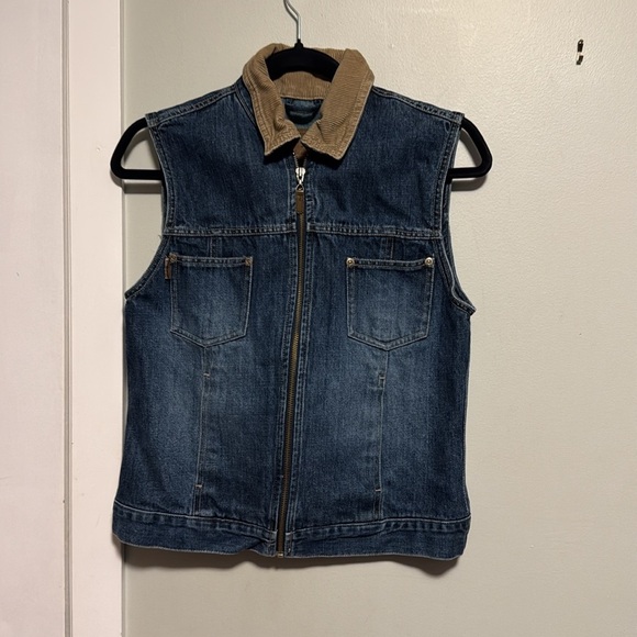 Eddie Bauer Blue Denim Vest with Brown Accents zip up XS - Picture 4 of 5